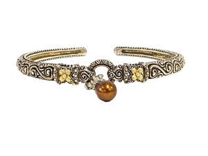 Barbara Bixby 18K Gold 925 Silver Brown Pearl Floral Cuff Bracelet 7.5” with Box